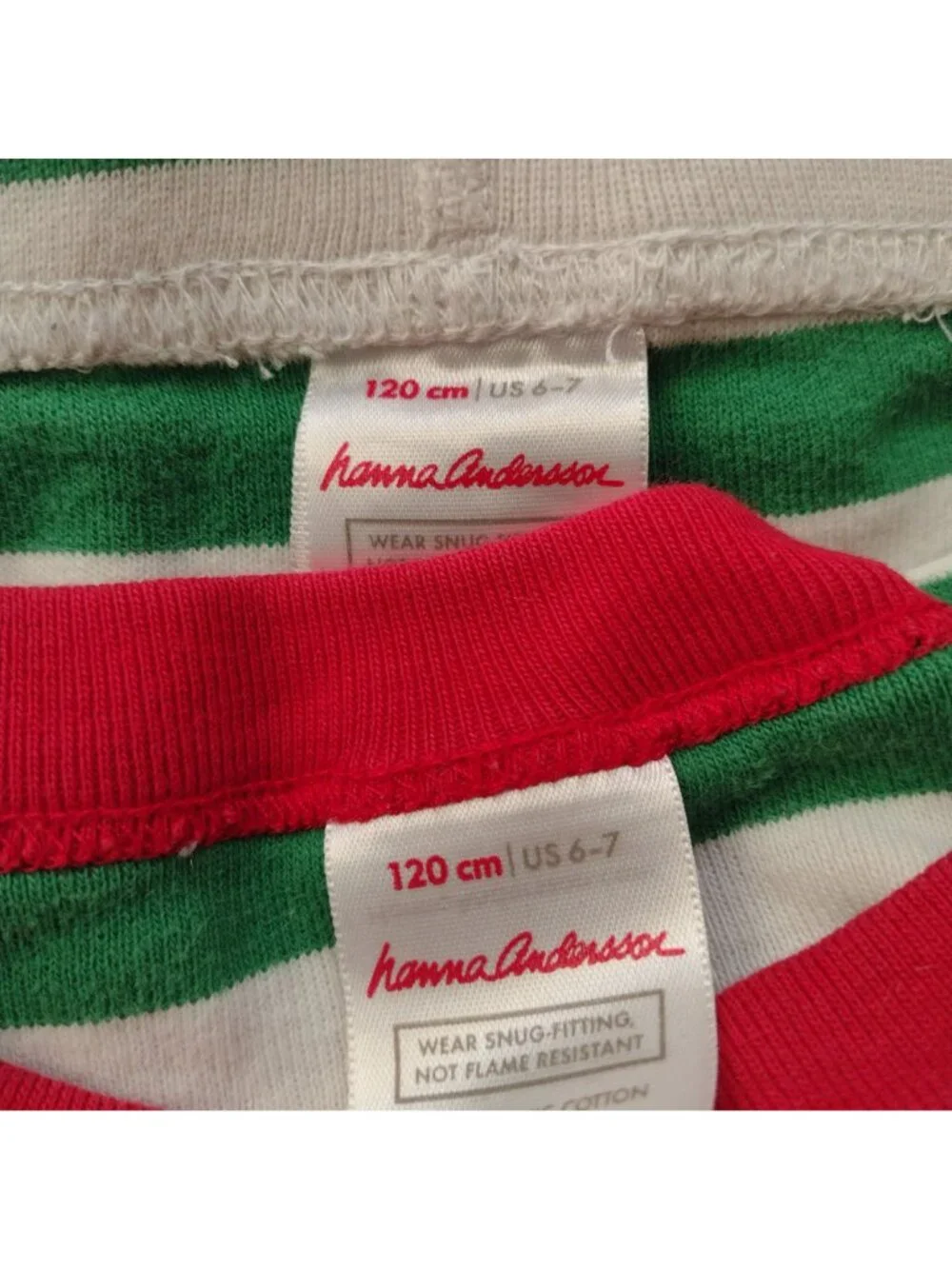 Hanna Andersson Christmas Stripe Pajamas Sz 6-7 Green White Long John Cotton Pjs